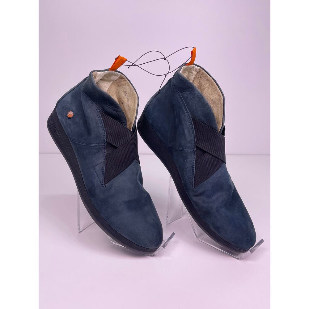 NWT Fly London Blue Suede Wedge Booties Womens Sz 8 Comfort Slip On Ankle Boots